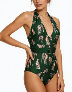 Emerald Green Cheetah Print Halter Deep V One Piece Swimsuit, Gold Buckle Belt Waist Cinching Bathing Suit