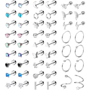 Trendy 25-Piece Surgical Steel Stud Earring Set Women's Cartilage Jewelry Opal Moonstone Green Turquoise Butterfly Flower Star Flat-Back Stud Earrings Silver