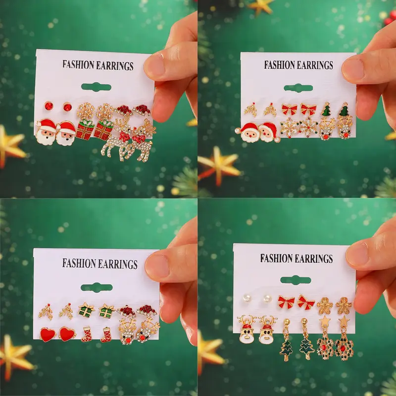 6 pairs Christmas Earrings For Women Crystal Zircon Xmas Tree Snowman Elk Santa Claus Snowflake Stud Earring Girl Party Gifts