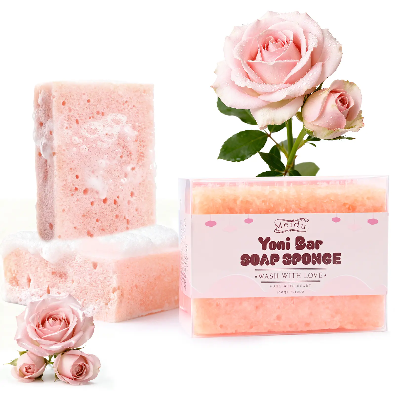 MEIDU Yoni Bar Soap Sponge - Natural Sensitive Intimate Cleanser, pH Balance Yoni Wash, Odor Control, Hydration, Mild Organic Herbal Cleansing Soap for Daily Feminine Hygiene