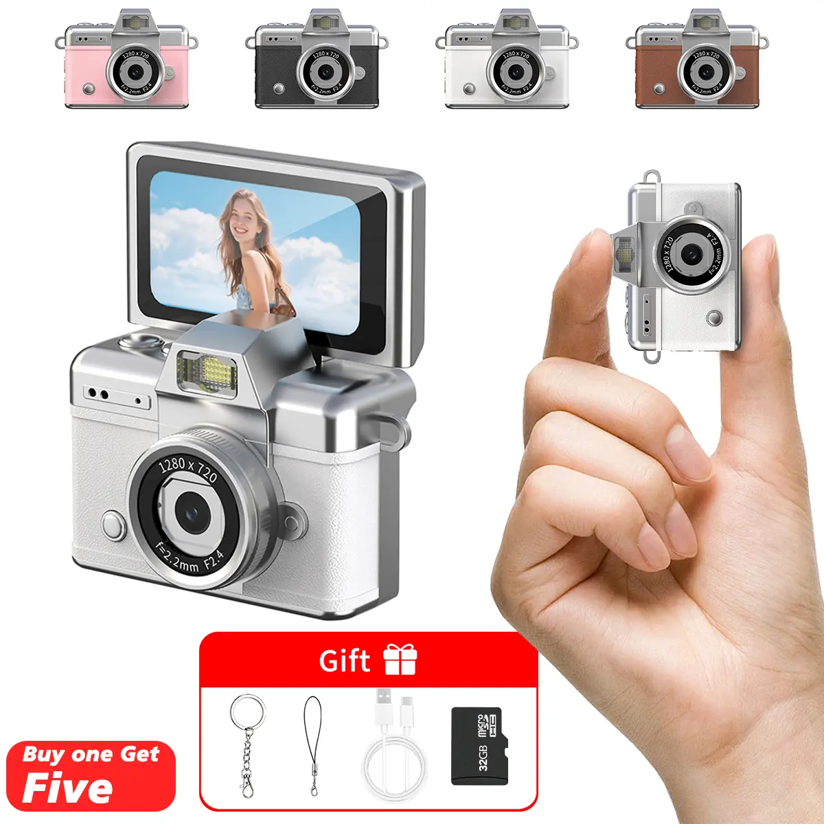 Mini Keychain Digital Camera - Pocket-Size Camera 1080PHD with 1MP Lens, Flash & 0.96" Screen, 32G Card, lanyard, Charging Cable Included, Retro Vlog Camera for Travel,Concerts, Kids & Instant Party, Sparkling Rose Gold