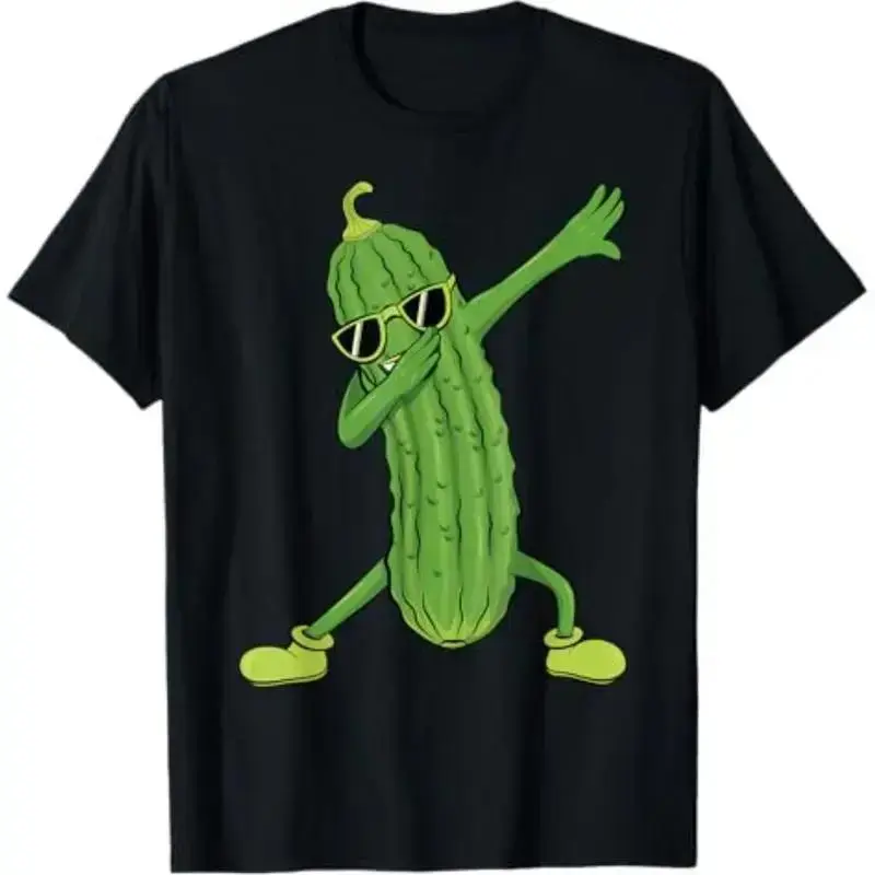 James Men's Shop Black T-Shirt - Casual, Smooth Streetwear Outfit Top - Dabbing Pickle Dancing Cucumber Lover Design - Unisex for Kids and Adults, Relaxed Fit, Shortsleeve, Classic, Oversized, Breathable, Cotton, Print, Fabric