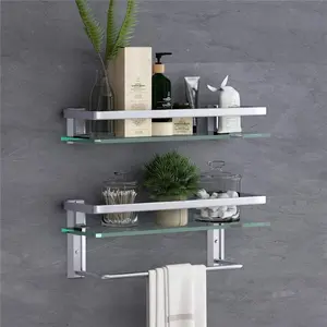 Glass Bathroom Shelf 15.7in Bathroom Shelf Wall Mounted Floating Glass Shelves with Towel Holder Glass Shelf for Bathroom 2 Tier (Sliver)