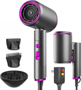 Foldable Portable Ionic Hair Dryer 2400W - Compact Mini Blow Dryer with Diffuser, Concentrator & Comb Nozzle, Intelligent Temperature Control, Low Noise for Home, Salon & Travel (Grey)