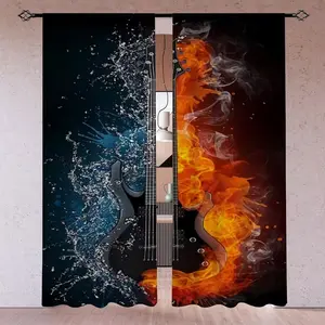 Music Festival Background Ice Fire Guitar Print Semi-Transparent Polyester Curtains, Living Room Game Room Bedroom Decorative Drapes