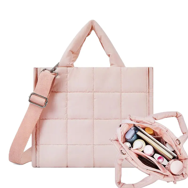 Gosect Quilted Puffy Pastel Tote Bag - Detachable, Lightweight Unisex Work Tote, Waterproof Nylon Shoulder Crossbody Organizer, Machine Washable, Back to School Gift for Women Men, Pastel Tote Bags, Detachable Bag