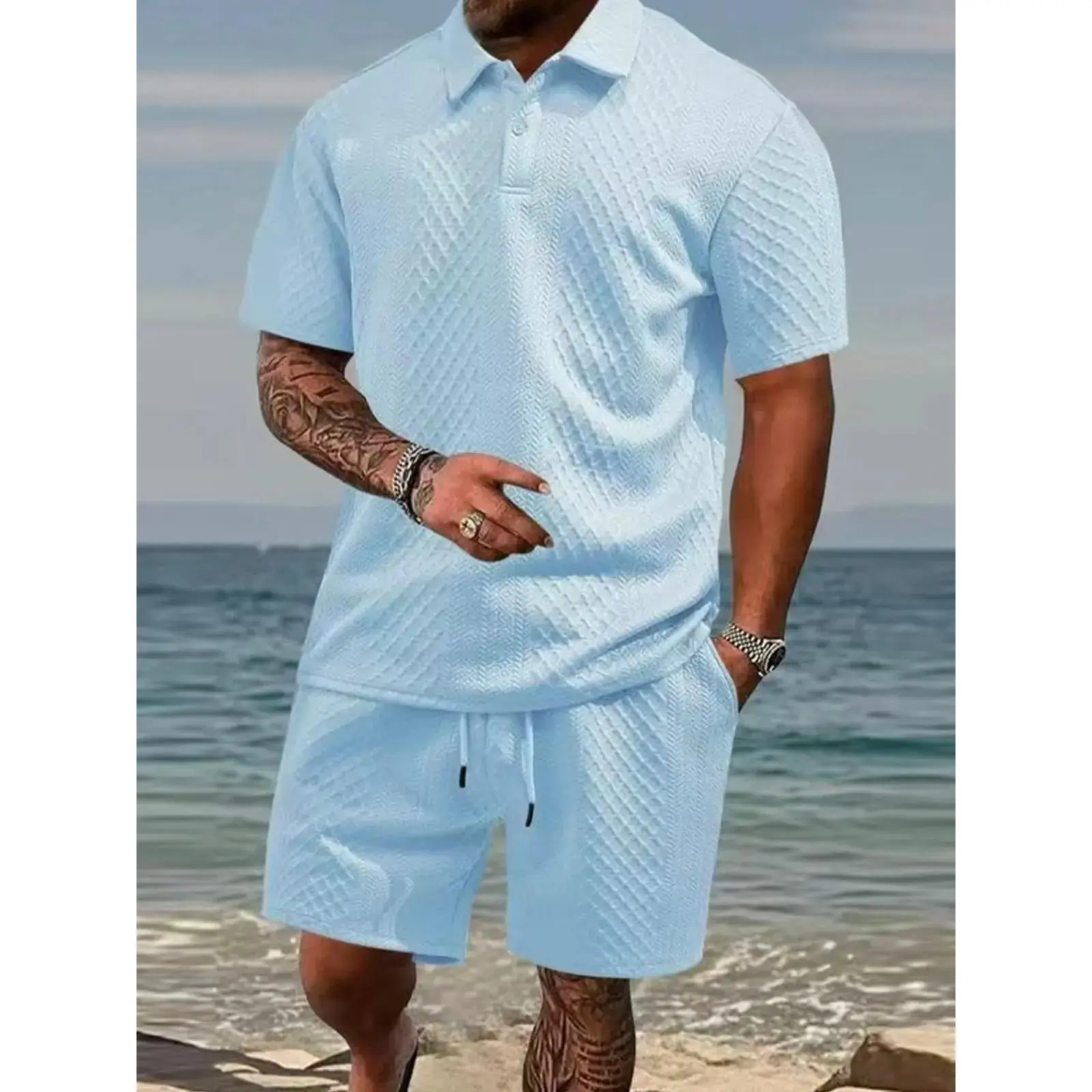 Men's 2-Piece Preppy Casual Set - Preppy Lapel V-Neck Short-Sleeve Polo & Loose Fit Plain Textured Shorts, Fitted Cut, Breathable Cool Elastane Fabric, Summer Athletic Holiday Basic Menswear Outfit