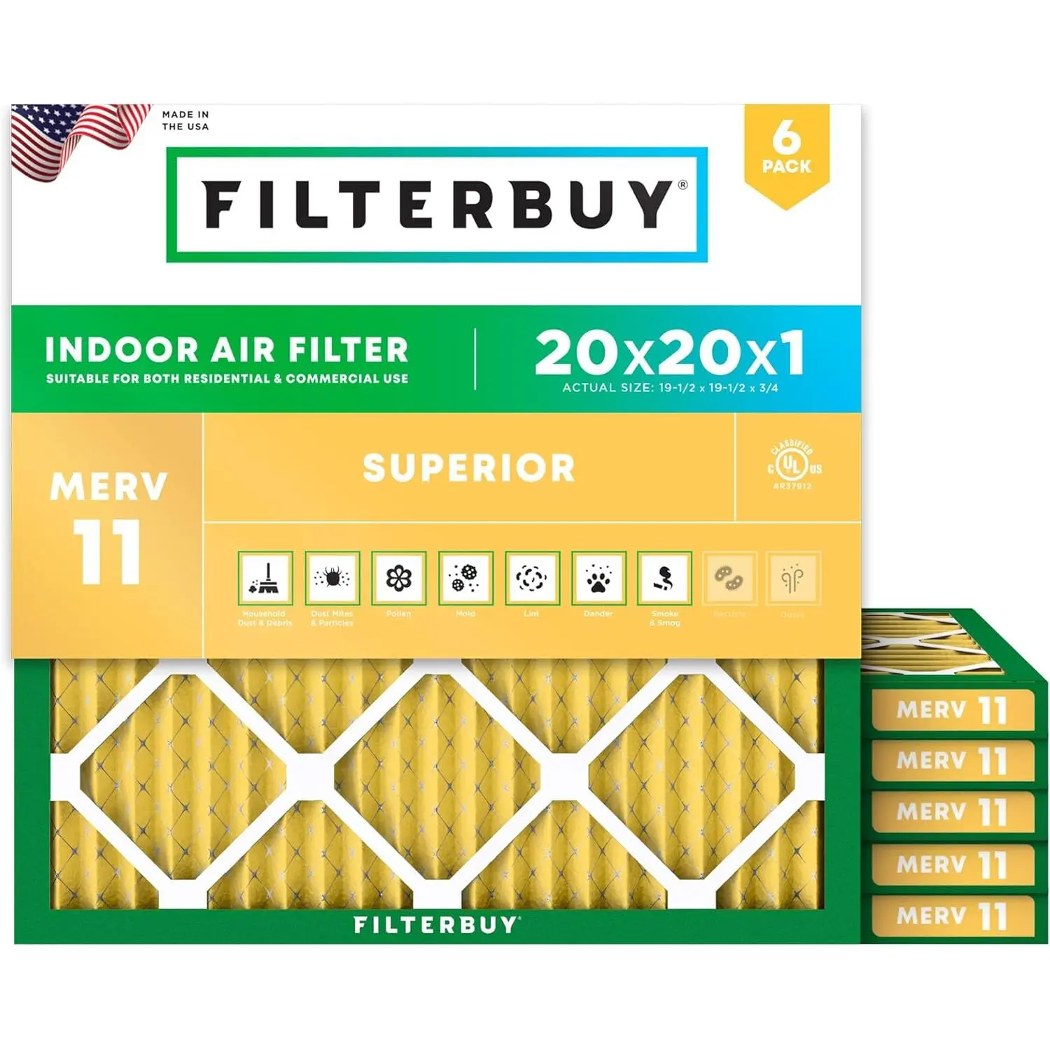 Filterbuy 20x20x1 Synthetic Replacement Air Filter (6-Pack), Durable Pleated MERV 11 Allergen Trap HVAC AC Furnace Filter (Actual Size: 19.5x19.5" x 0.75 in), Electrostatic