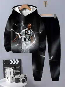 Boys' Football Training Set, Sports Clothing Set, Athlete Print Hoodie & Pants, Warm Spring/fall Sports, Cr7 Fan Gift