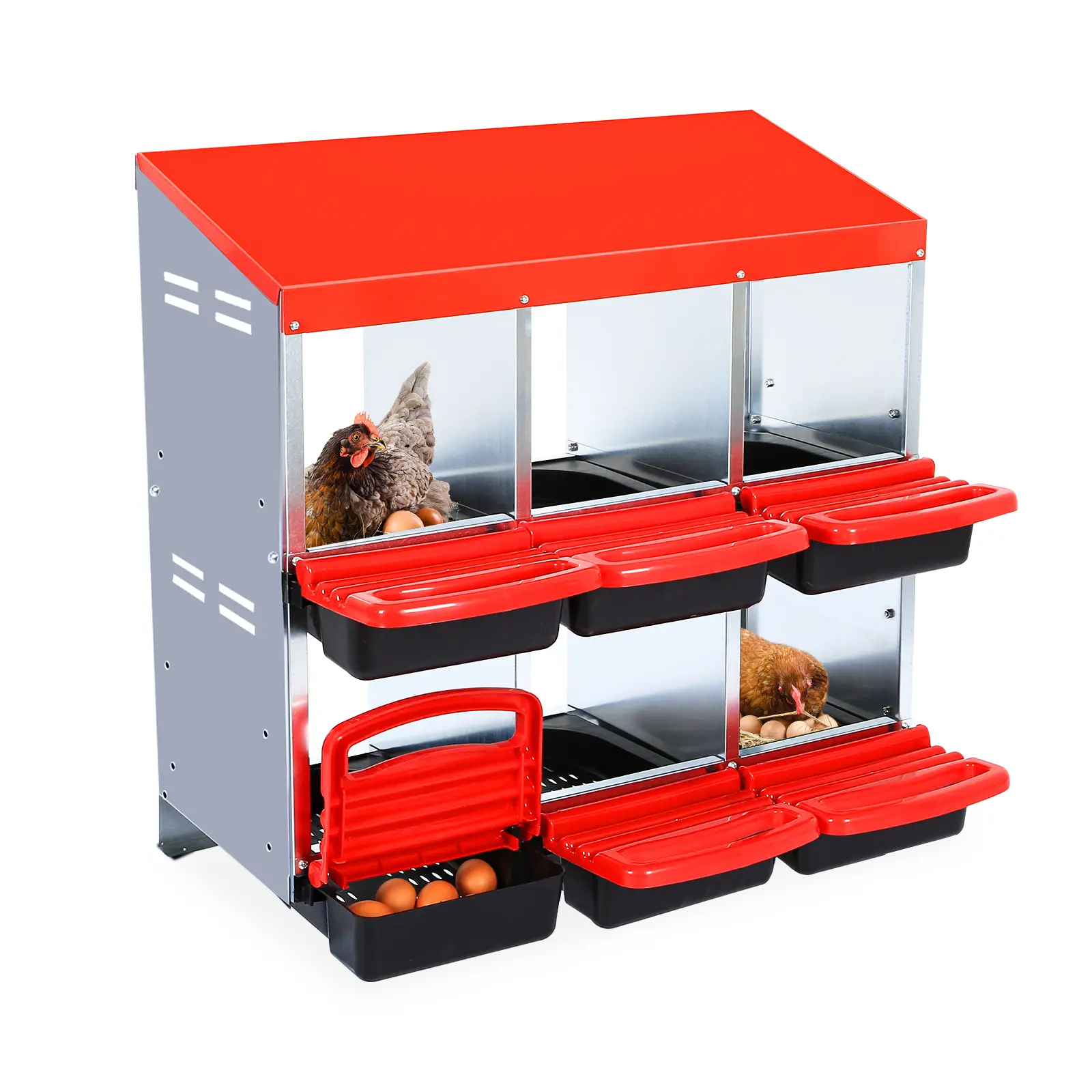 6-Hole Red Galvanized Steel Chicken Nesting Box for Hens - Heavy-Duty Roll Away Laying Box, Lockable Lid, Rust-Resistant Tray, Sloped Design, Quick Setup, Easy Egg Collection, Instructions, No Stand, Outdoor Chicken Coop Poultry Cage Accessory, Multiple H