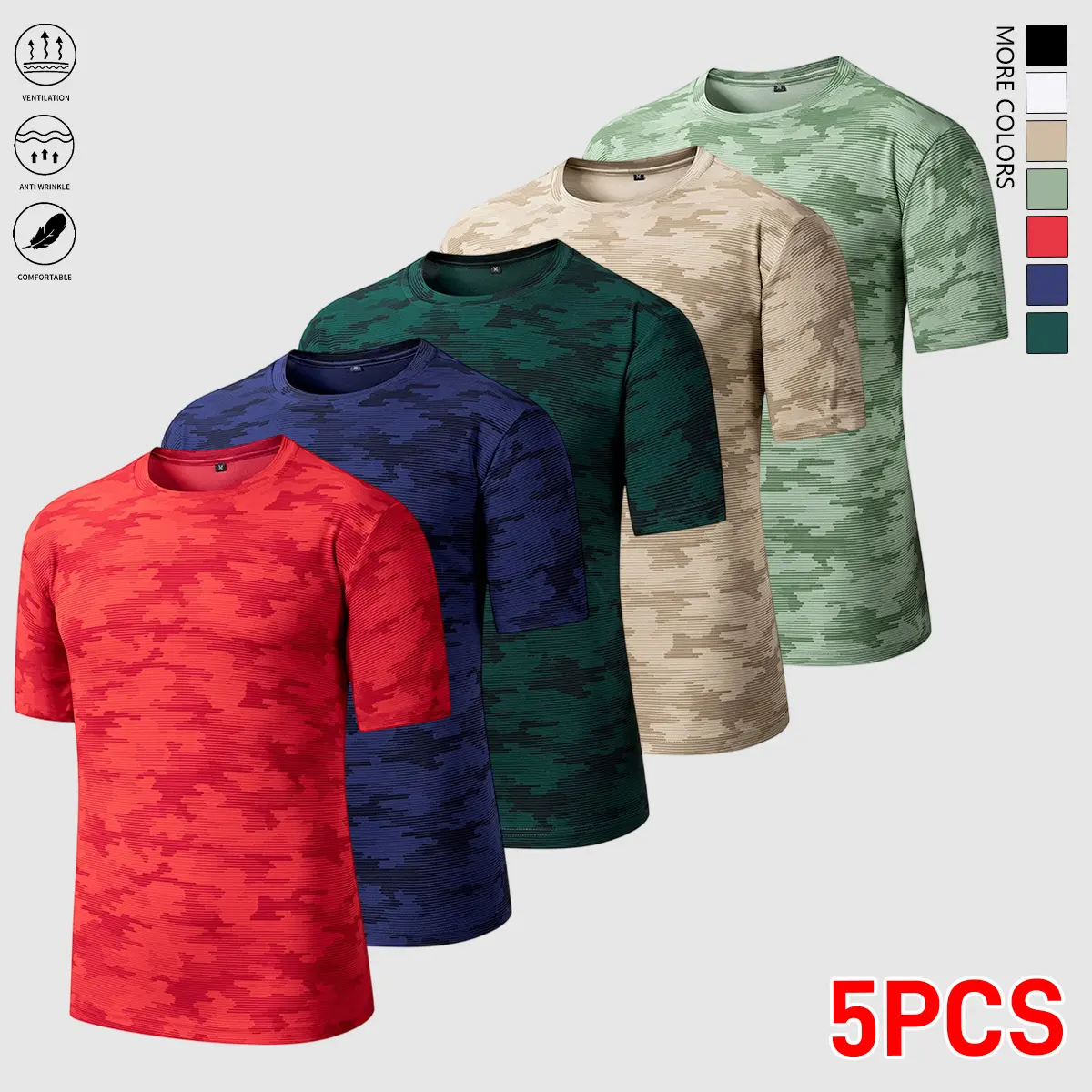 Set of Five Men'S Sports T-Shirts That Dry Quickly And Absorb Moisture, Designed for Comfort, Breathability, And Stretch. Ideal for Indoor Casual Wear, Running, And Fitness Activities, Made from 100% Polyester Fiber, Perfect for Daily Sports