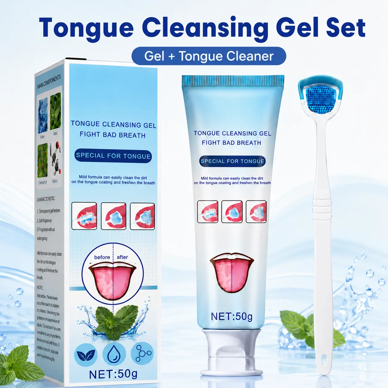 Tongue Coating Cleansing Gel with Tongue Cleaner, Mint & Sorbose Formula, Gentle 3-Step Daily Oral Care, Helps Clean Tongue Coating and Freshen Breath