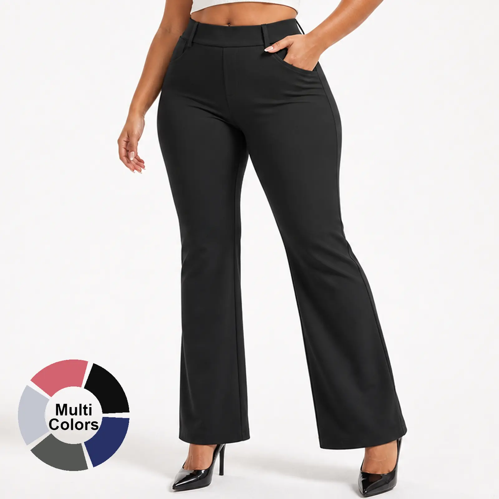 AVAMO Women's High-Waisted Elastic Stretchy Fitted Mini Flare Bottoms - Belt Loops, Pockets, Dressy Pull-On Polyester Pants for Women, Black Pants, Business Casual Office Work Clothes