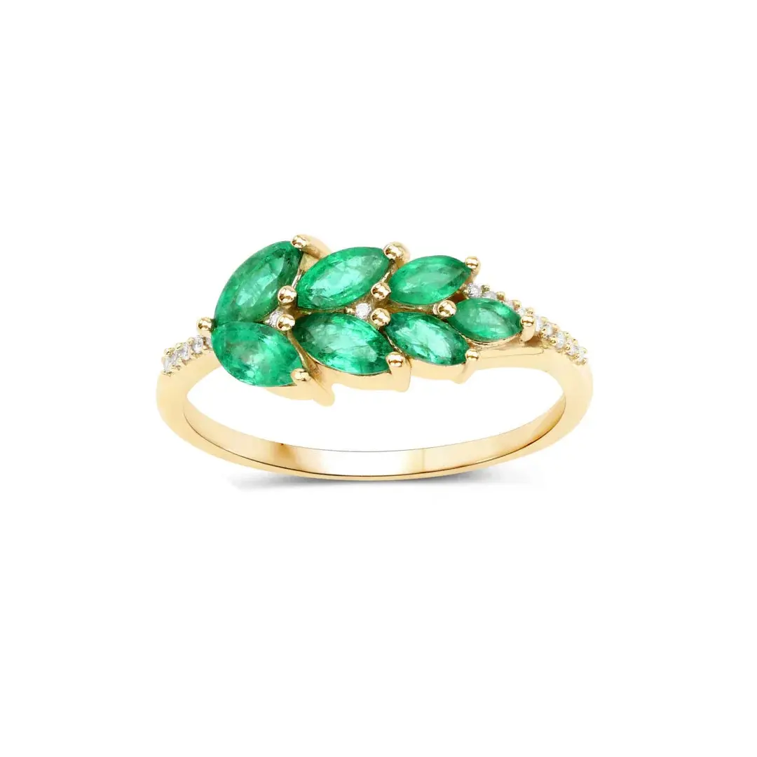 0.68 Ct Marquise Green Zambian Emerald and White Diamond Prong 14K Gold Cluster Ring