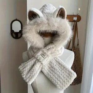 Unisex 1-Piece Plush Fox Ear Hat-Scarf Set, Winter Cold Weather Fashion Accessory with Integrated Neck Warmer and Fleece Liner