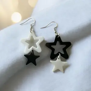 Asymmetric Black and White Star Dangle Earrings – Handmade Celestial Jewelry for Star Lovers
