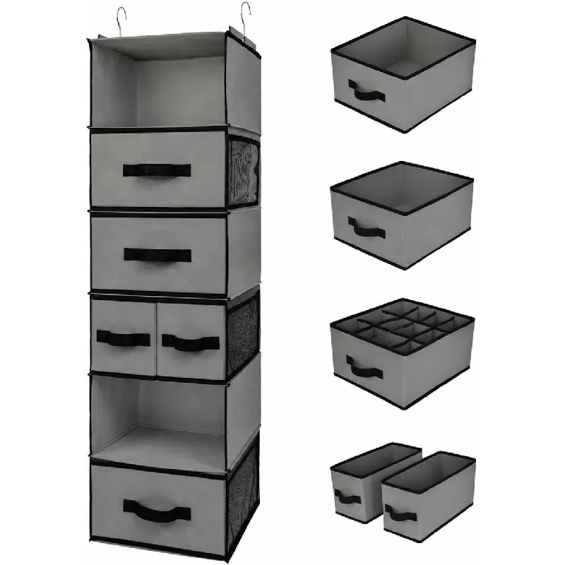 Hanging Closet Organizer 6 Shelves, Closet Organizers and Storage with 5 Drawers, 6 Side Pockets Closet Hanging Organizer, Hanging Storage Organizer for Closet, Baby Clothes, Gray