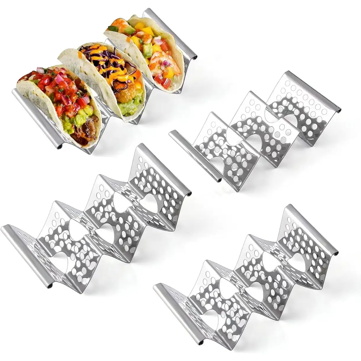 Taco Holders Set of 4, Taco Stand, Stainless Steel Taco Holder, Each Can Hold 3 Tortillas, with Easy-Access Handle, Fits Microwave, Air Fryer and Oven