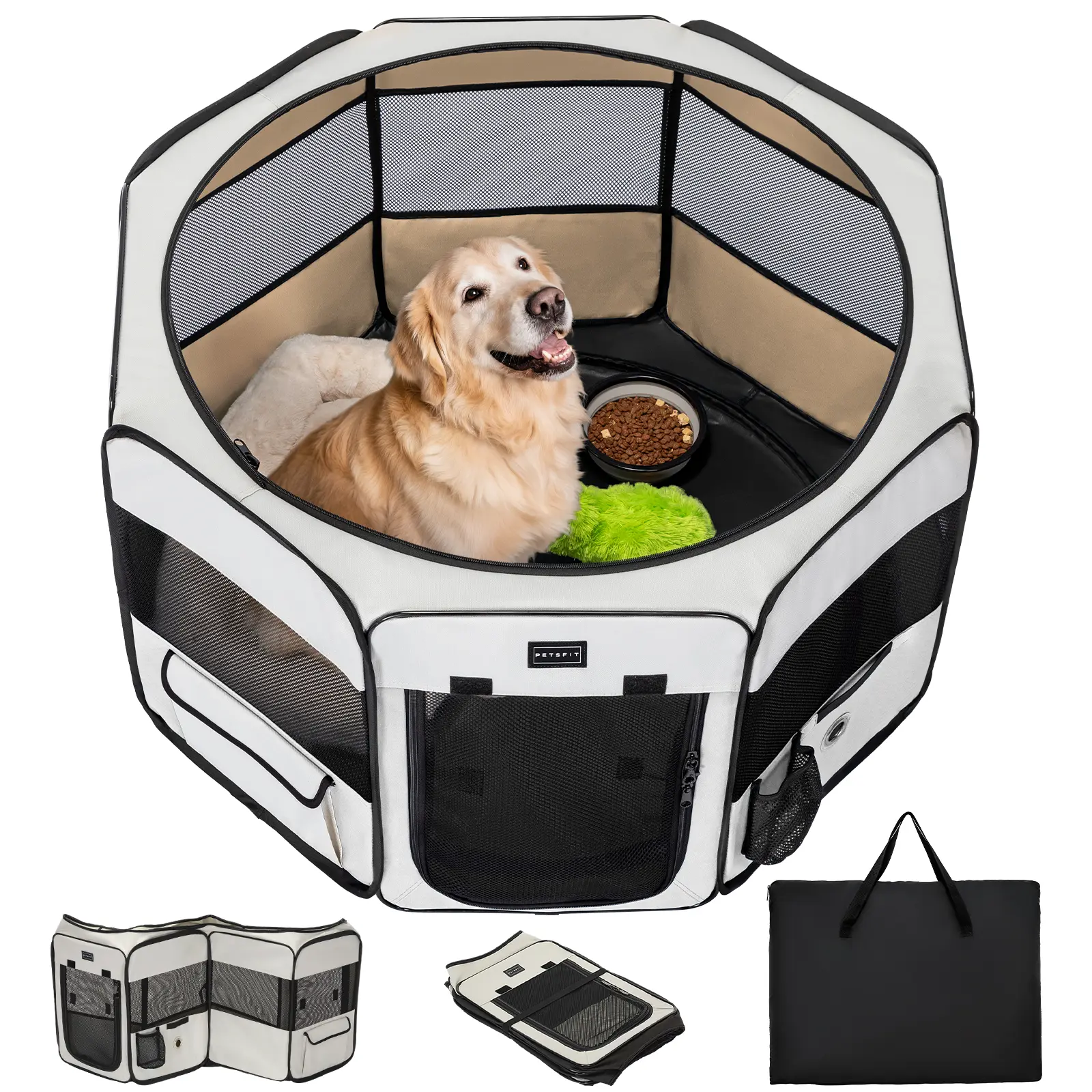 PETSFIT 45.5" Jump-Proof Dog Playpen with 28.5" Walls, Removable Waterproof Mat, Zippered Roof - Indoor/Outdoor, Camping Use, Comfortable for Whelping - Includes Water Bottle Holder, Ideal for Gatherings (45.5"L x 45.5"W x 28.5"H), Jump-Proof Walls