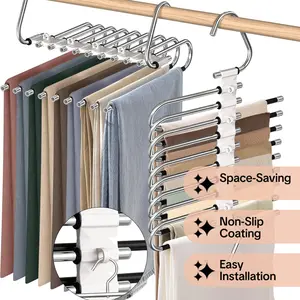 9-Tier Stainless Steel Trouser Rack Space-Saving Closet Organizer with 5 Extra Hooks Non-Slip Coating Easy Installation for Home Closets 9 Layers Pants Hangers