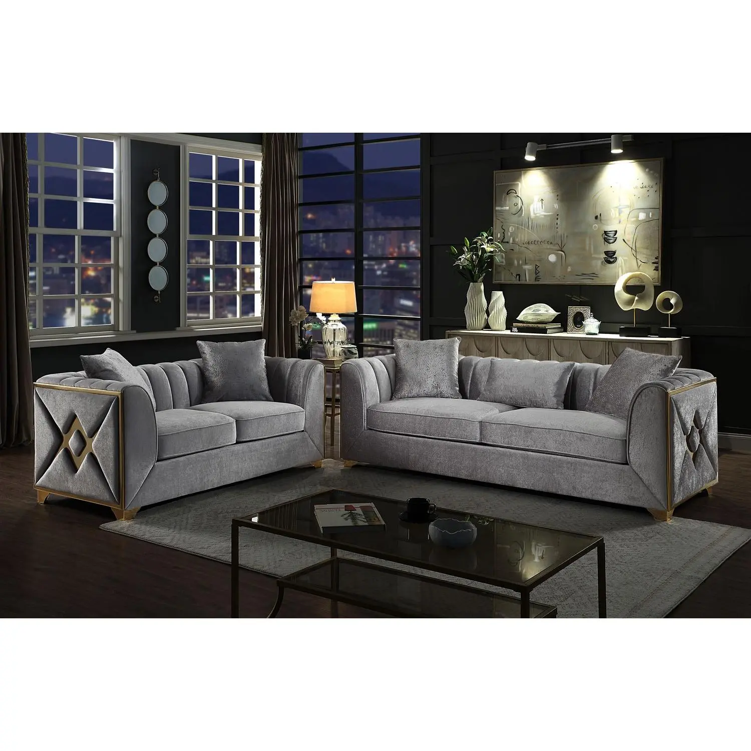 Summervibes 5-Seat Modern 2-Piece Valencia Indoor Living Room Set - Silver Solid Wood Frame, Gold Accents, Foldable Memory Foam Velvet Sofa, Soft Cushions for Lounging, Silver Furniture for Decorating Space