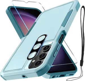 Case for  Galaxy A15 5G, Full  Heavy Duty Rugged Shockproof Protective Phone Cover with Lanyard Strap, Tempered Glass Screen Protector and Camera Lens Cover, Mint Green