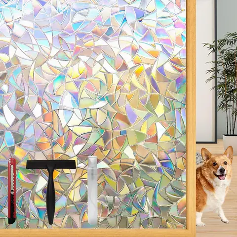 Rainbow Window Privacy Film with Installation Tools, 3D Decorative, Stained Glass Decals, Removable, Peep-Proof, Static Cling, Heat Control, UV Protection (17.5 x 78.7 Inch)
