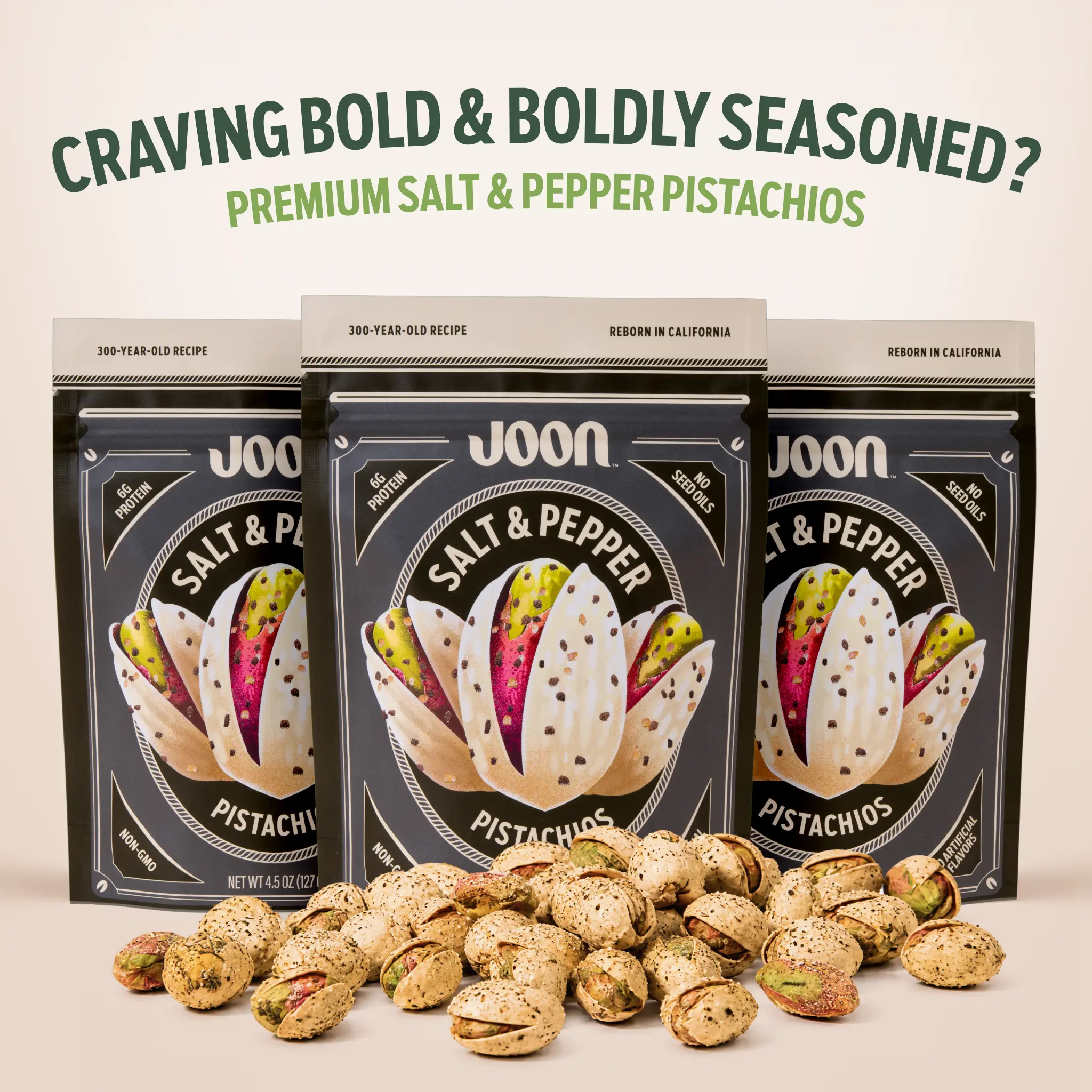 Joon Salt & Pepper Pistachios In Shell 3-Pack, Black Pepper & Sea Salt Gourmet California Pistachios, Protein Crunchy Snack, No Seed Oils, No Artificial Flavors