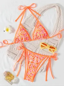 Fashion Small Floral Print String Bikini Set, Tie Back Bikinis, Sexy Two-Piece Swimsuit for Beach, Vibrant and Stylish Swimwear for Women, Bikini Outfits