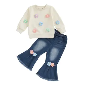 Toddler Baby Girl Clothes Spring Outfit Baby Girl Outfit Floral Crewneck Sweatshirt Bell Bottom Jeans Pants Set