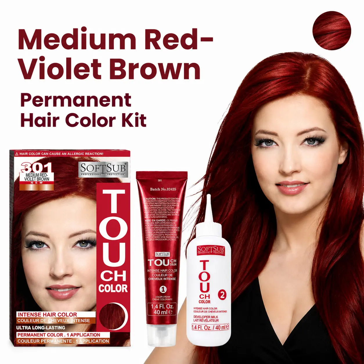 SOFTSUB 301 Red-Violet Brown Permanent Hair Color Kit, 100 mL with Protecting Conditioner, Plum-Brown Look, At-Home DIY Color Refresh, Date-Night Beauty Gift