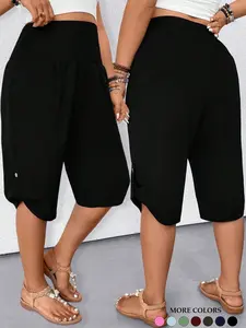 Women's Casual Tummy Control High Waist Fitted Wide Leg Capri Pants Button Hem Loose Fit Cropped Trousers Summer Shorts Beach Vacation Lounge Daily Work Outfits Solid Black Stretchy, Soft, Breathable, Lightweight, Elastic Spring Break Plus Size Bottom