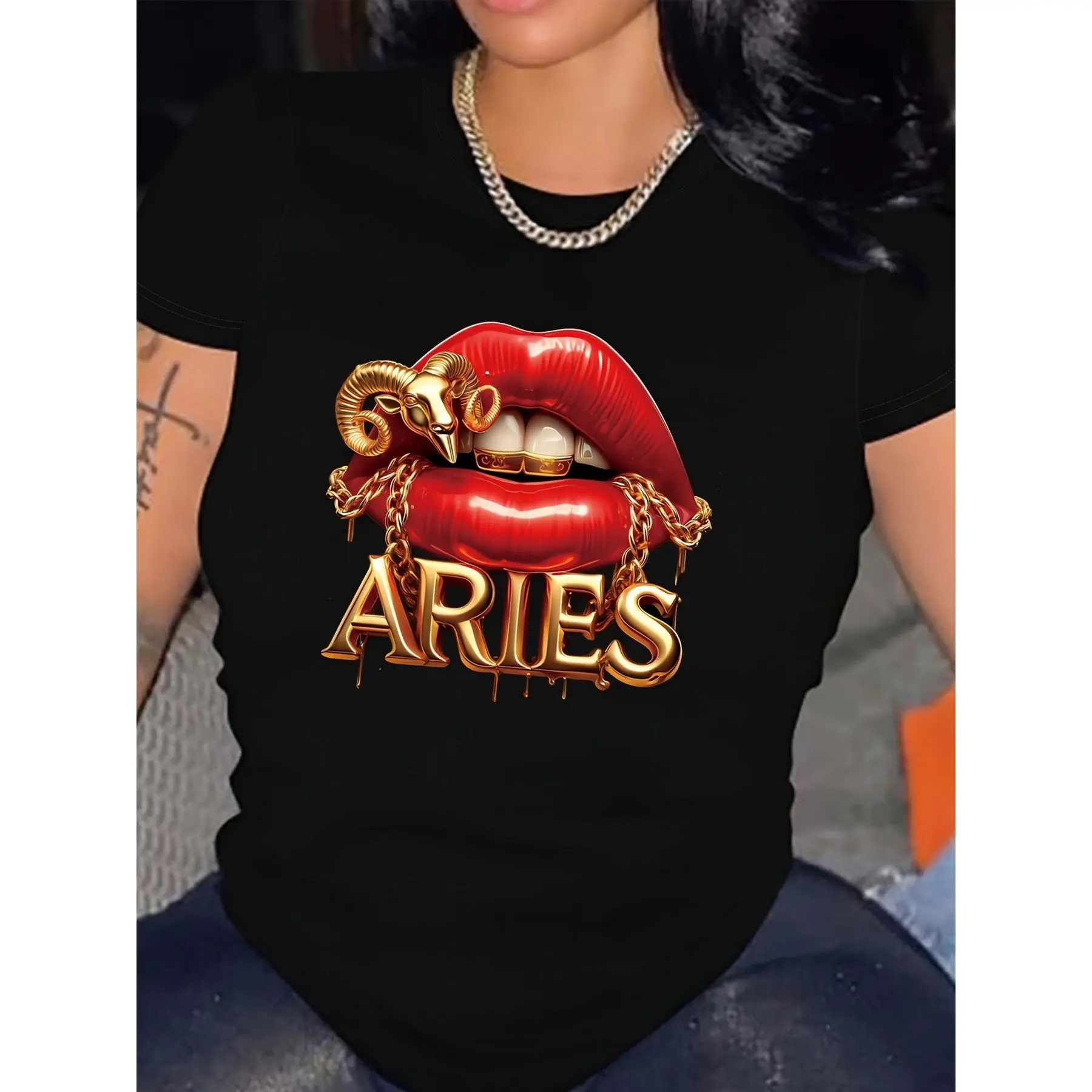 Women's Casual Aries Graphic T-Shirt, 100% Cotton Shortsleeve Round Neck Basic All-Seasons Top, Loose, Draped Cut, Baggy, Digital Print, Loose-Fit, Short Sleeve, Elegant, Knitting, Ruffle Sleeve, Hand Wash Only