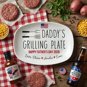 Personalized Daddy's Grilling Plate - Happy Father's Day 2026 BBQ Plate with Kids Names, Custom Grilling Platter Gift for Dad, American Flag BBQ Serving Dish
