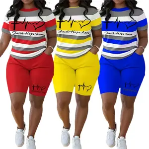 Plus Size Women's Striped Two Piece Outfit Faith Hope Love Print Short Sleeve T-Shirt and Biker Shorts Casual Loungewear Set with Pockets Sporty Tracksuit