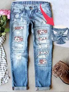 Ripped Boyfriend Jeans for Women Distressed Skinny Denim Button with Holes Plaid Patchwork Design Stretch Waistband Comfort Pants