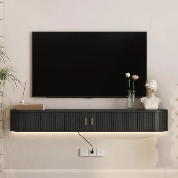 69-Inch MDF Wall-Mounted Floating TV Stand, Modern Curved Media Console with LED Lights and Sliding Doors for Living Room