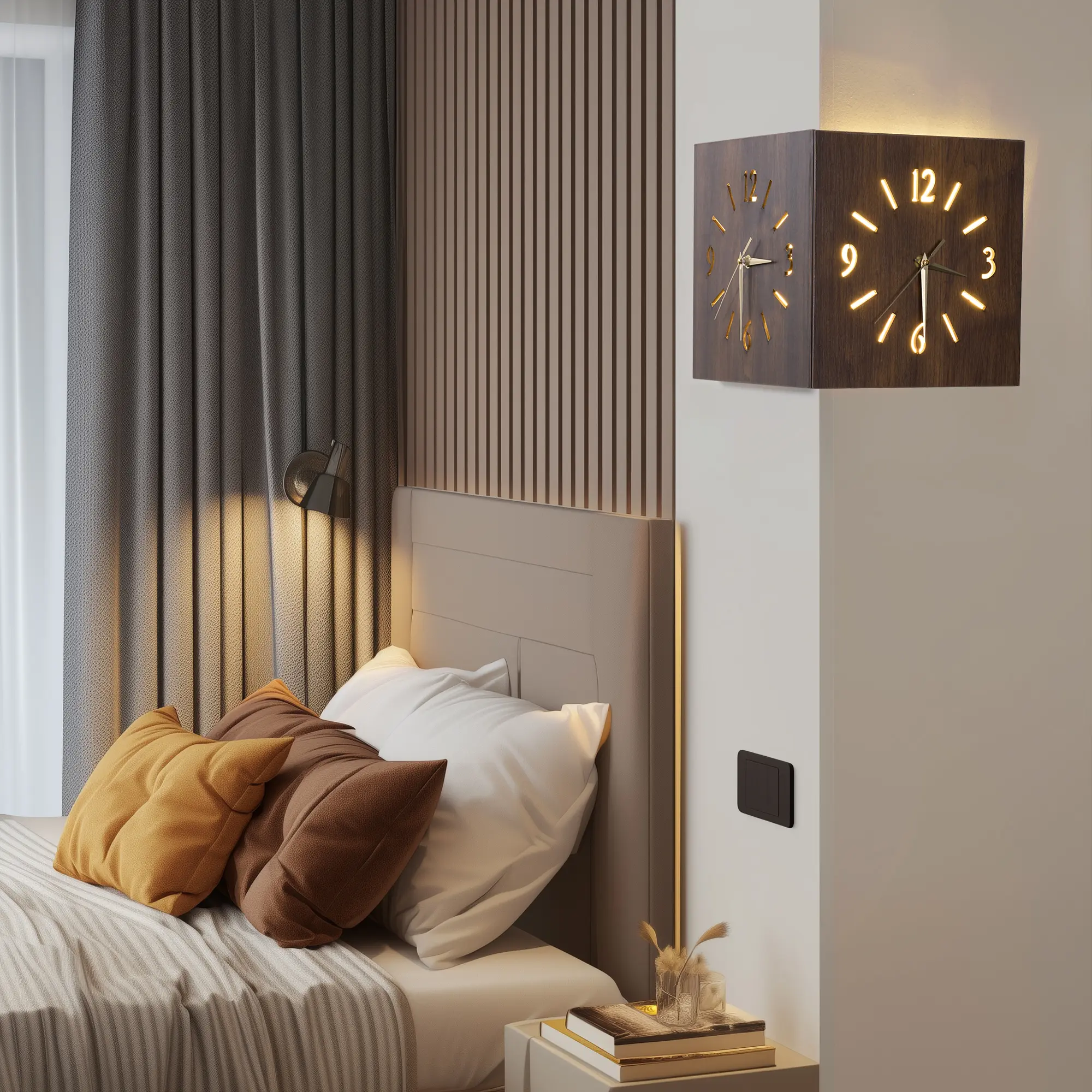 Punch-Free Creative Wood Clock Wall Lamp, LED Luminous Double-Sided Corner Clock, Voice Activated, Silent Mechanism, 3000K Warm Glow, Ideal for Living Room, Bedroom, and Home Decor