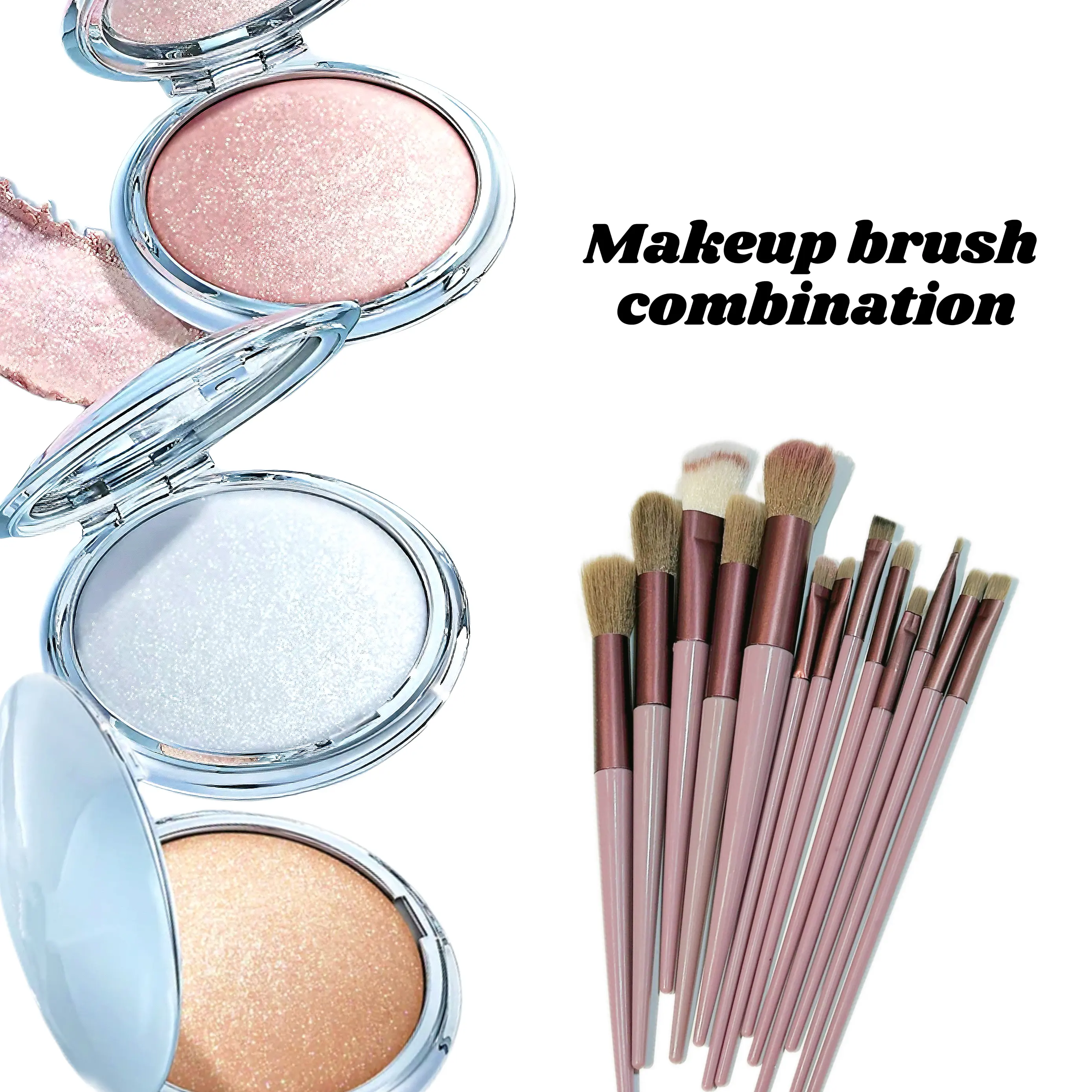 Rose Gold Makeup 3-Piece Bronzer & Highlighter Set with 13 Brushes - Creamy Diamond Flash, Pearlescent, Smudge-Proof Long-Wear Finish, Alcohol Free, Color Correction, Youth-Enhancing, for Face Contours, Cold Weather Brightening (24 Months Durability), Sin