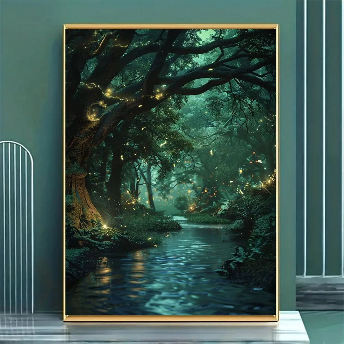 Enchanted Forest Canvas Art with Glowing Fireflies and Ancient Trees, Creative Wall Decor Poster for Living Room, Bedroom, and Bathroom, Unframed Ornaments Decoration Artistic Photo Print