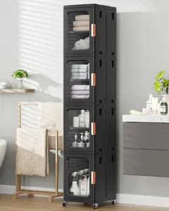 Broview Tall Narrow Storage Cabinet Organizer, Slim Bathroom Cabinets with Doors and Shelves Adjustable, Plastic Kitchen Pantry Organizers and Storages for Small Space, Laundry