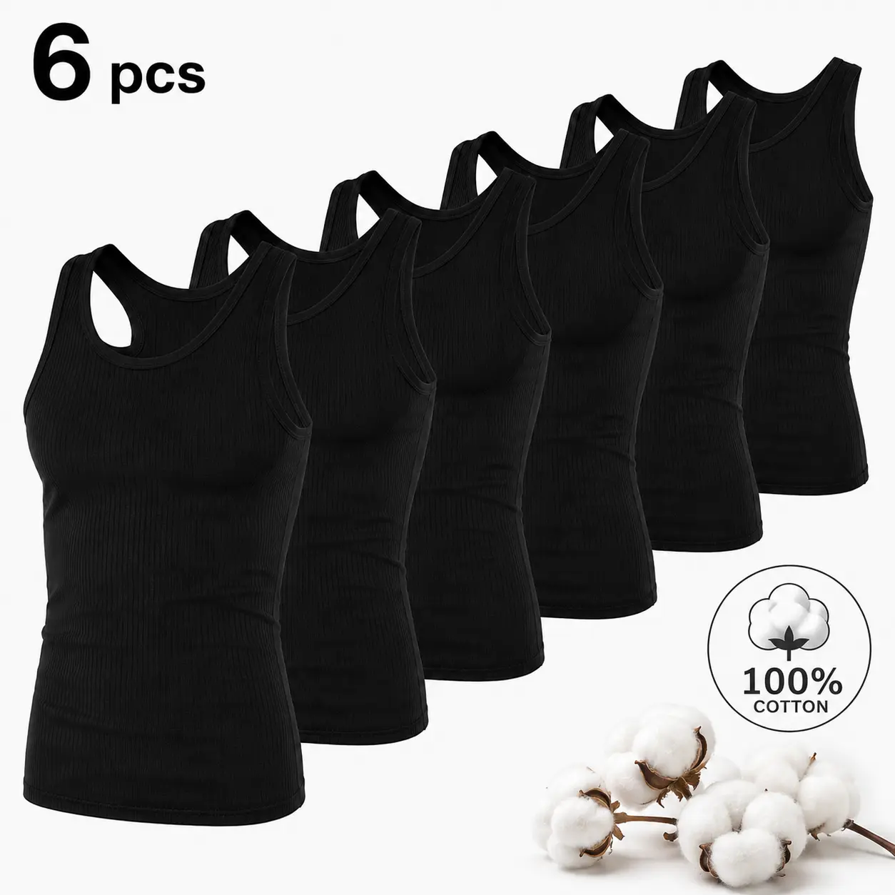 PackBlack Men's 100% Cotton Tank Top A-Shirt Bottoming Shirt Ribbed Pure Breathable Classic