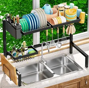 Over The Sink Dish Drying Rack 2 Tiers, for All Sinks (24.8"-35.4"),Expandable Large Capacity Sink Rack, Metal Drying Rack for Kitchen and Family Use