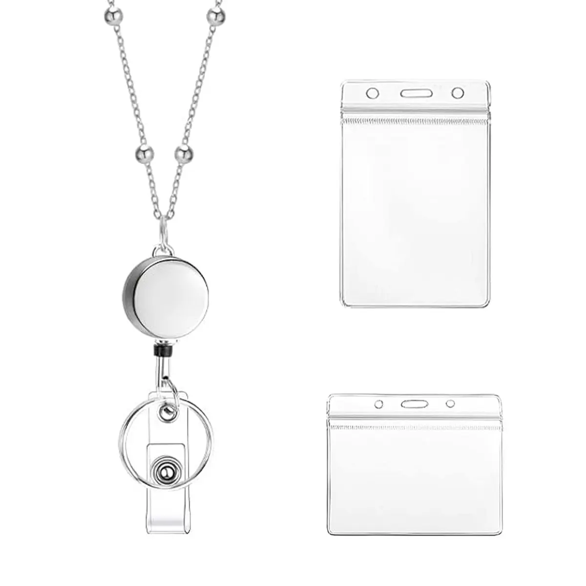 Women's Chain ID Badge Holder Set, Office Extensible Badge Lanyard, Badge Holder With Lanyard, Business Card Protector, Silver Color, Ideal for Teachers & Professionals, Badge Reel, Retractable Badge Holders