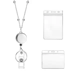 Women's Chain ID Badge Holder Set, Office Extensible Badge Lanyard, Badge Holder With Lanyard, Business Card Protector, Silver Color, Ideal for Teachers & Professionals, Badge Reel, Retractable Badge Holders