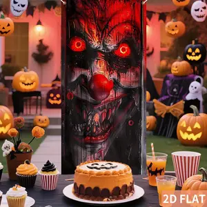 2d flat Bloody Halloween Flag Banner, Halloween Door Cover Decorations, Red Eyes Spooky Scary Clown Happy Halloween Door Covers Backdrop for Front Door Carnival Holiday Party Supplies Decor Wall Banner Decor