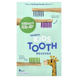 SmartLifeCo Kids Bamboo Toothbrushes, Multi-Colored, 6 Pack