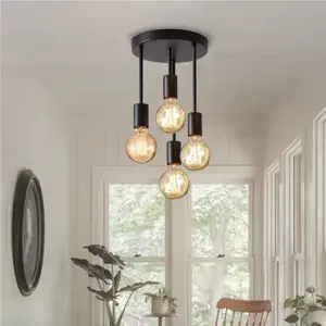 Flush Mount Ceiling Light, Black 4-Light Hallway Light Fixtures Ceiling, Light Fixtures Ceiling Mount for Farmhouse Kitchen Living Room Foyer, E26 Base（No Bulb)
