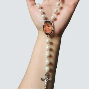 Personalized Rosary with Memorial Photo Dainty Cross Necklace Religious Beaded Jewelry for Daily Wear Classic Colors Customizable Memorial Photo Gift