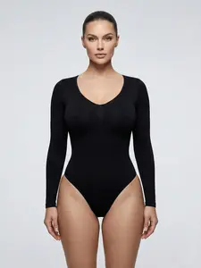 New Sexy Tight-Fitting One-Piece Shapewear Basic Long Sleeve Body Suit Casual Daily Wear Comfortable Everyday Womenswear Bodysuit Seamless Compression Body, Black Shapewear Body Shapers